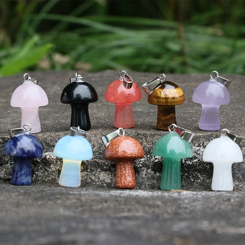 Mushroom Pendant Necklace Natural Stone Crystal Quartz Healing Gemstone Charm For Jewelry Making Cute Style Accessory