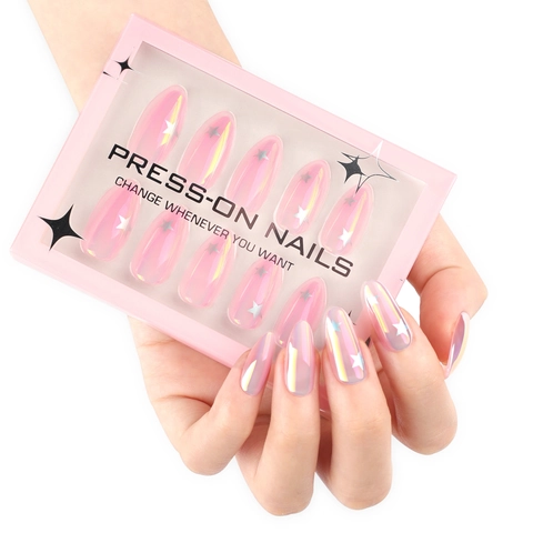Press On Nails Roze Aurora Holografisch Zilver Sterren Patroon Amandelvorm Glanzend Manicure Voor Vrouwen