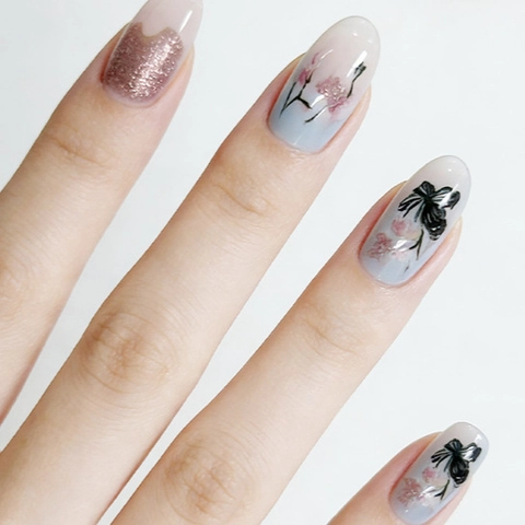 Press On Nails Long Coffin Shape Peach Blossom Butterfly Bow Rose Gold Glitter French Gradient Artistic Style For Women