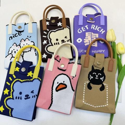 Knitted Mobile Phone Bag Mini Crossbody Handbag Handle Shoulder Strap Cartoon Animal Pattern Embroidery Casual Purse
