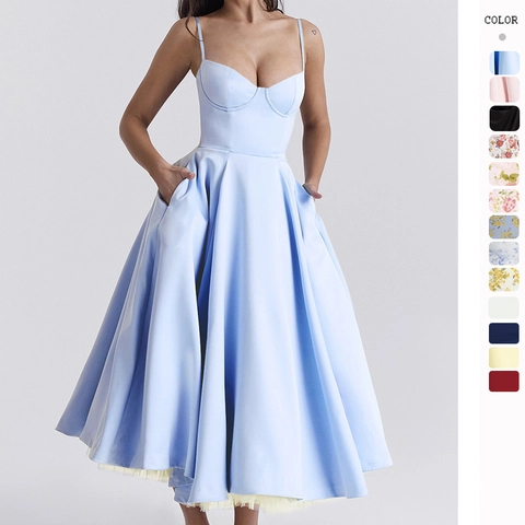 Elegante Abito Midi Con Spalline Sottili Scollo A Cuore Corsetto Gonna A Ruota Linea A Con Fodera In Tulle E Tasche