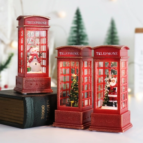 Christmas Telephone Booth Lantern LED Glowing Water Globe Ornament Retro Desktop Decoration With Snowman Santa Figures