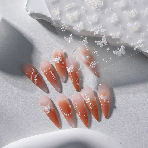 3D Reliëf Witte Vlinder Nagelkunst Stickers Holografische Laser Ster Maan Decals Zelfklevend Dun Voor Vrouwen Manicure Decoratie