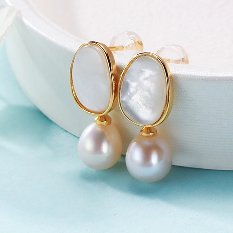 Teardrop Freshwater Pearl Dangle Earrings With Shell Inlay And 925 Sterling Silver Earring Post Simple Elegant Jewelry