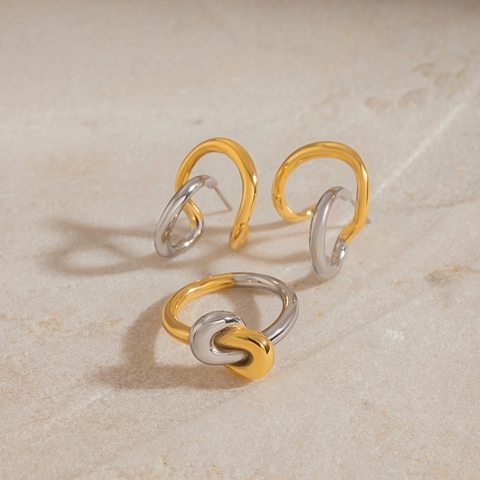 18K Gold Plated Stainless Steel Stud Earrings And Ring Set Two Tone Interlocking Knot Minimalist Jewelry For Women