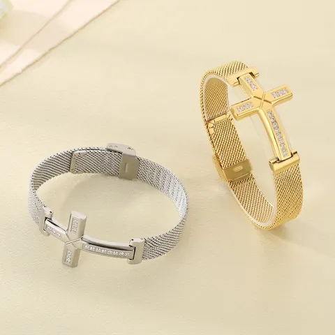 Bracciale Croce Acciaio Inossidabile Maglia Milano Zircone Intarsiato Gioielli Stile Cinturino Orologio
