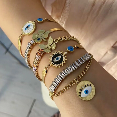Bracciale In Acciaio Inossidabile Con Occhio Del Diavolo Farfalla Trifoglio Per Donna Zirconi Smalto Catena Regolabile