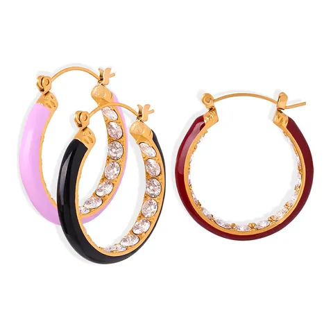 Vintage Enamel Titanium Steel Hoop Earrings With Zirconia Inlaid Colorful C-Shaped Gold Plated Earrings For Women Jewelry