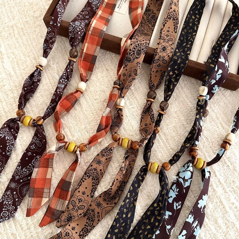 Bohemian Fabric Wood Bead Ceramic Necklace For Women Ethnic Retro Print Satin Ribbon Choker Accessory