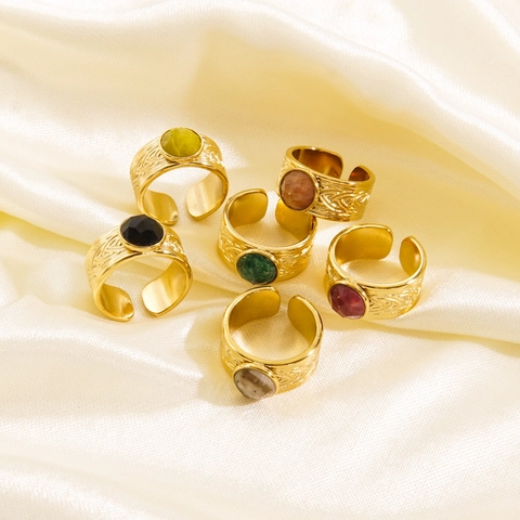 Vintage Edelstahl Offener Ring Für Damen Retro Naturstein Eingelegt Verstellbar Geometrisches Band Mode Schmuck Geschenk
