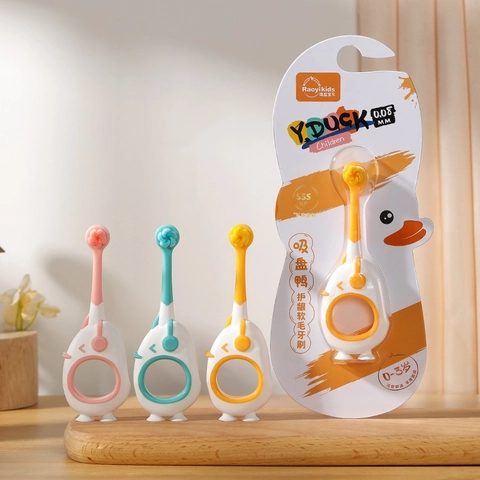 Children Toothbrush Ultra Soft Bristles Suction Cup Base Cartoon Duck Penguin Shape Training Handle Infant Toddler Oral Care