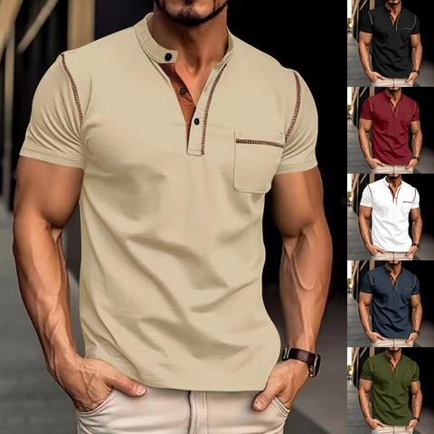 Men Short Sleeve Henley Shirt Polyester Quick Dry Breathable Button Pocket Contrast Stitching Casual Athletic Tops
