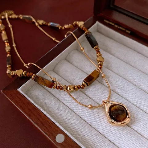 Vintage Tiger Eye Stone Layered Necklace Copper Gold Plated Beaded Geometric Aesthetic Jewelry For Women