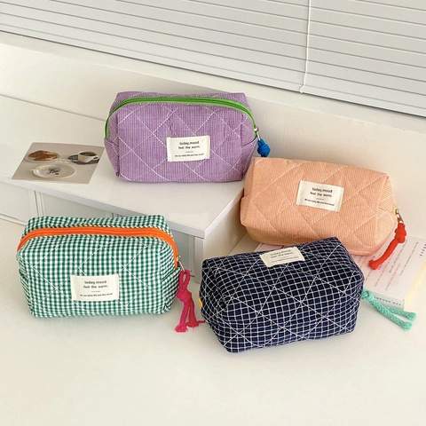 Borsa Per Trucco Trapuntata A Quadretti In Cotone Astuccio Cosmetico Ottagonale Retro Giapponese Organizer Con Cerniera Per Donne E Ragazze