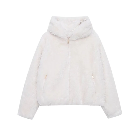 Women Winter Faux Fur Jacket Warm Hooded Plush Coat Solid Color Minimalist Loose Long Sleeve Zip Up Outwear Top