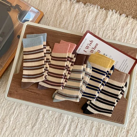 Calcetines De Media Pantorrilla Para Mujer Algodón Peinado Rayas Doble Aguja Color Contraste Puño Acanalado Coreano Retro