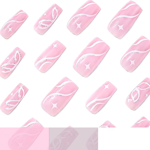 Künstliche Fingernägel Lange Eckige Form Rosa Schmetterling Weißes Sternmuster Glänzendes ABS-Material Künstliche Nägel