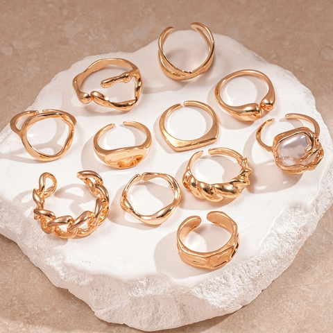 Anelli Geometrici Irregolari Lega Imitazione Perla Artificial Aperto Regolabile Catena Cava Vintage Estetica Minimalista Per Donne