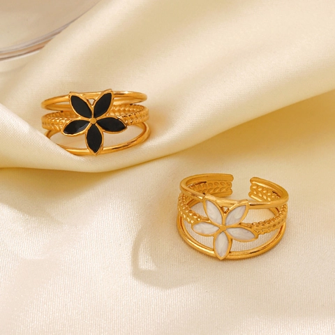 Bague Ouverte Fleur Vintage Acier Inoxydable Plqué Or 18K Triple Couche Ajustable Émail Bijoux Pour Femmes