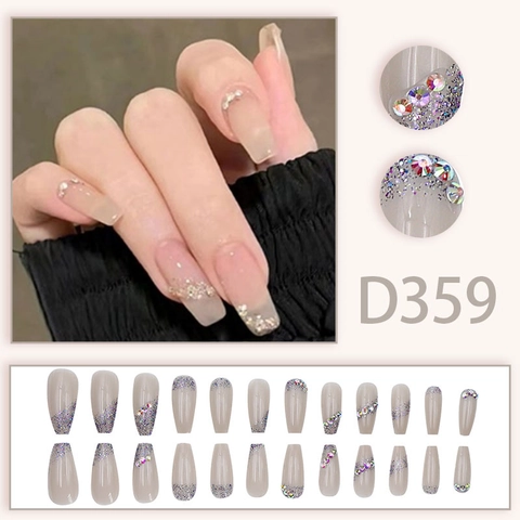 Lange Coffin Press On Nagels Nude Roze Strass Glitter Kunstnagels Voor Vrouwen Elegant