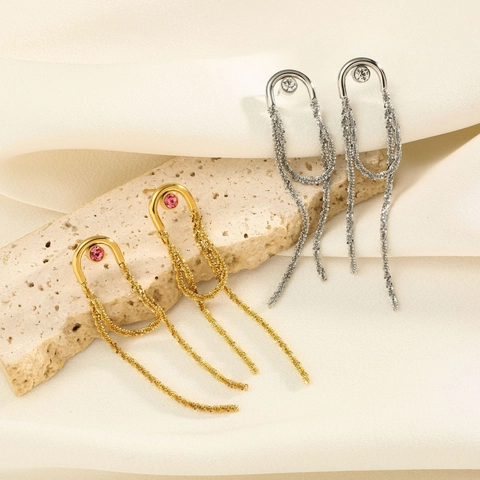 Boucles d'Oreilles Pendantes à Gland en Cœur en Acier Inoxydable pour Femmes Or Argent Strass Longues Boucles d'Oreilles à Franges Bijoux Minimalistes