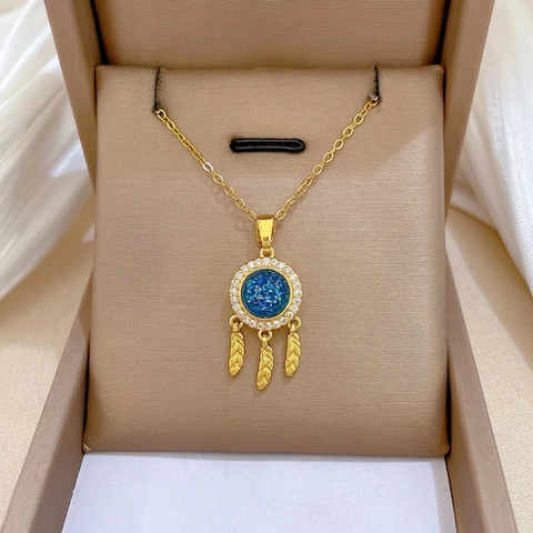 Collana Con Ciondolo Acchiappasogni Catena In Acciaio Inossidabile Rame Zirconia Blu Piume Gioielli Eleganti Per Donna