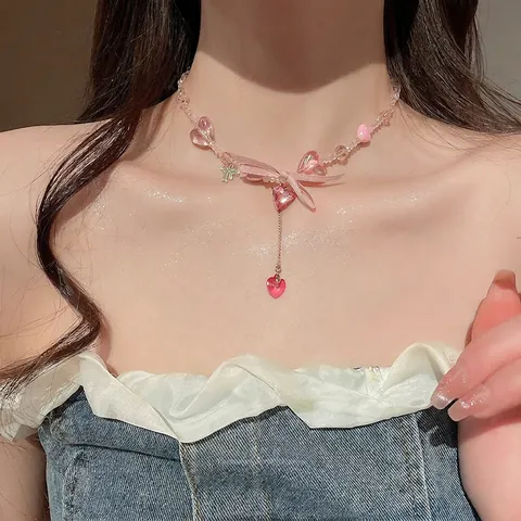 Süße Rosa Harzperlenkette Mit Bandschleife Und Herzanhänger Für Frauen Mädchen Y2K Ästhetischer Schmuck