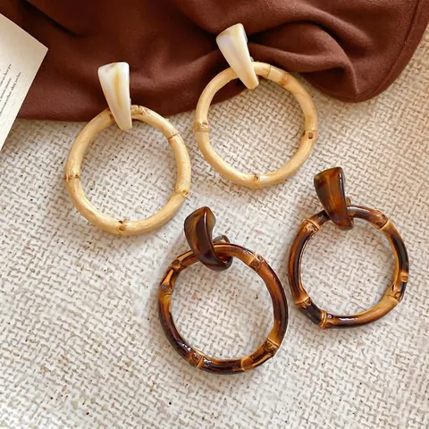 Orecchini A Cerchio Vintage In Resina Con Trama In Bambù E Perni In Argento Sterling 925 Grande Cerchio Per Donna