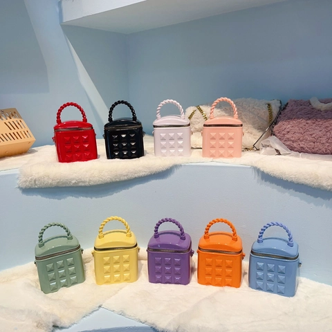 Mini Borsa Secchiello Jelly PVC Borchia Griglia Design Manico Torcito Catena Tracolla Stile Urbano Donne