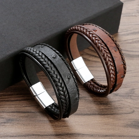Men Braided Leather Bracelet Multi Layer Alloy Magnetic Clasp Retro Punk Hand Woven Fashion Bangle