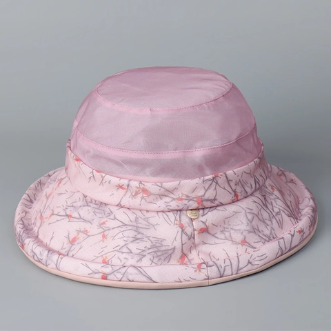 Women Mulberry Satin Bucket Hat Breathable Mesh Top Wide Brim Floral Print Sun Protection Summer Travel Elegant Foldable Fisherman Cap