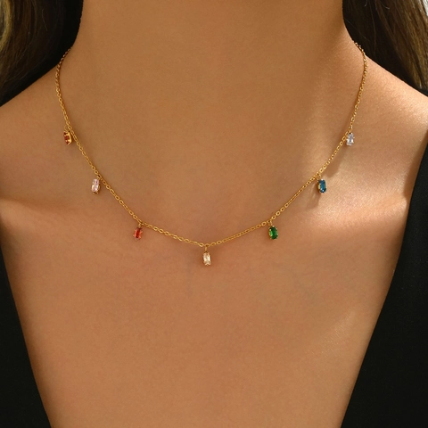 Vierkante Gekleurde Zirkoon Hanger Ketting 14K Verguld Titanium Staal Sieraden Voor Vrouwen