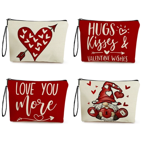 Valentine Gnome Heart Print Cosmetic Bag Imitation Linen Polyester Zipper Storage Pouch Portable Travel Makeup Handbag