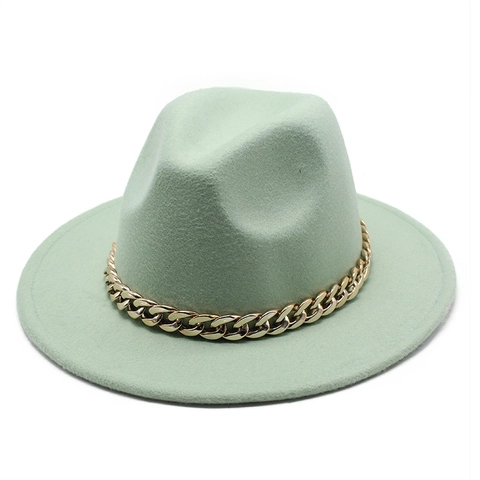 British Style Woolen Fedora Hat For Women Men Large Brim Felt Jazz Hat With Gold Metal Chain Fashion Accessory