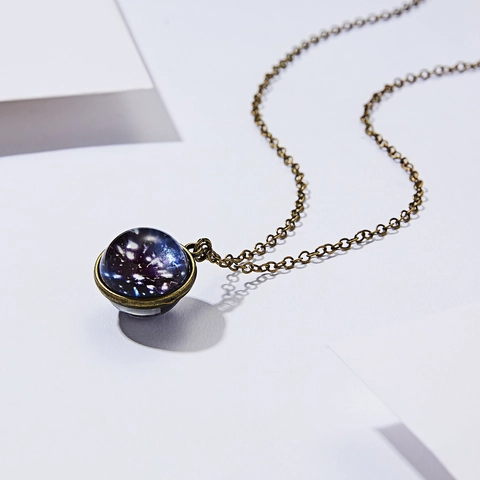 Collier Pendentif Galaxie Lumineux Vintage Alliage Verre Glow In The Dark Univers Espace Nébuleuse Bijoux Double Face