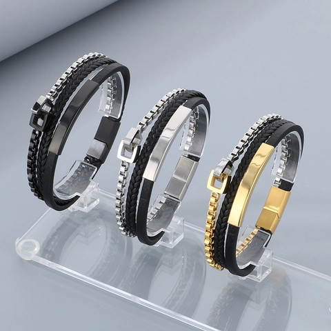 Pulsera Multicapa Para Hombre Acero Inoxidable Cuero Trenzado Cadena Cierre Magnético Joyería Punk Casual