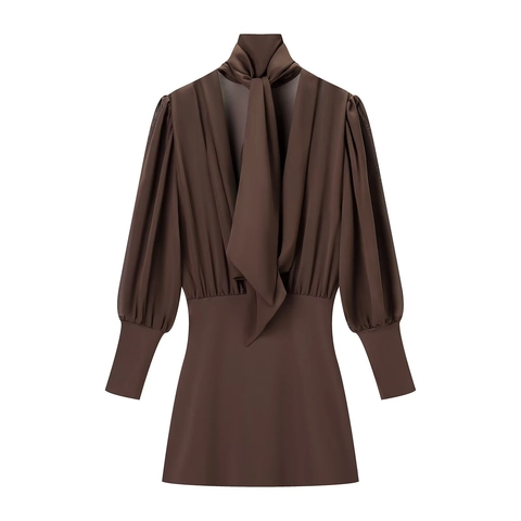 Mini Dress Patchwork Chiffon Long Sleeve High Neck Cutout Backless Bow Tie Slim Fit Solid Elegant Coffee For Women