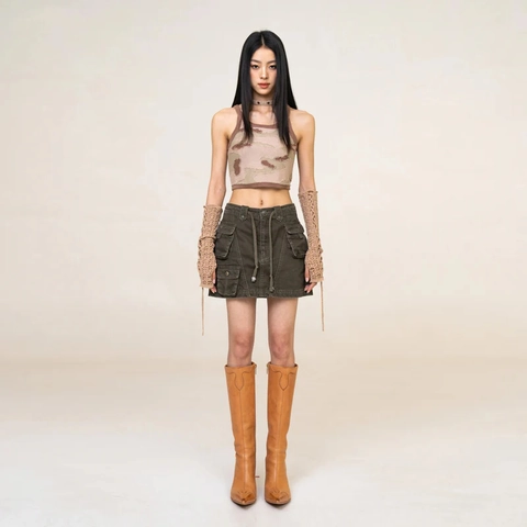 Women's Camouflage Knitted Tank Top Cotton Desert Camo Cropped Halter Neck Streetwear Y2K Slim Fit