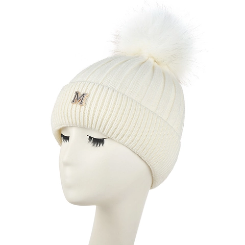 Bonnet En Tricot Hiver Acrylique Chaud Doublé Polaire Pompon Fausse Fourrure Strass Lettre M Extérieur Élégant Femme