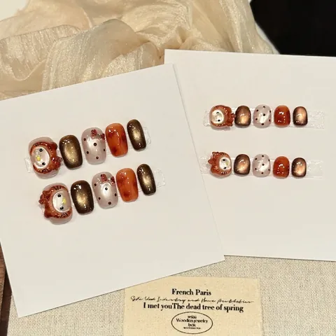 Uñas Postizas de Ámbar Hechas a Mano 3D Gato Lazo Cuadradas Cortas Para Mujeres Niños Otoño Invierno Decoración de Uñas