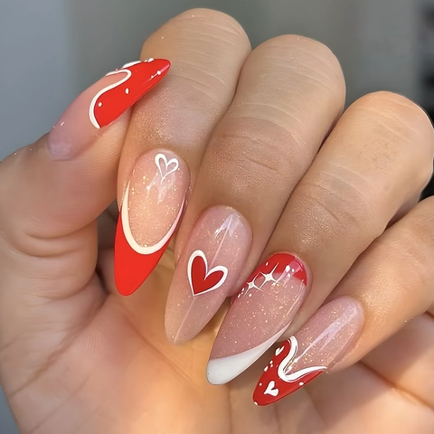 Unghie ABS Cuore Francese Unghie A Mandorla Lucide Con Glitter Rosso Manicure Romantica Di San Valentino Per Donne