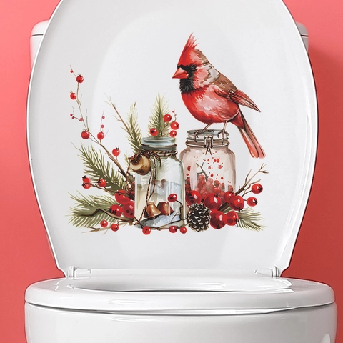 Weihnachts Kardinal Vogel Rote Beeren Kiefernzweig Toilettendeckel Aufkleber PVC Abnehmbar Selbstklebend Badezimmer Wandtattoo