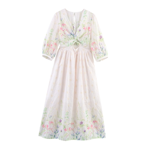 French Sweet V Neck Floral Embroidery Maxi Dress Polyester Lantern Sleeve High Waist For Women Elegant