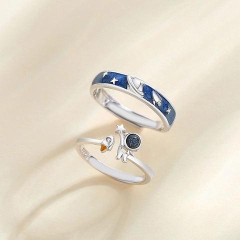 Anelli Astronauta E Cielo Stellato Argento Sterling 925 Regolabile Aperto Zircone Gioielli Romantici Spazio