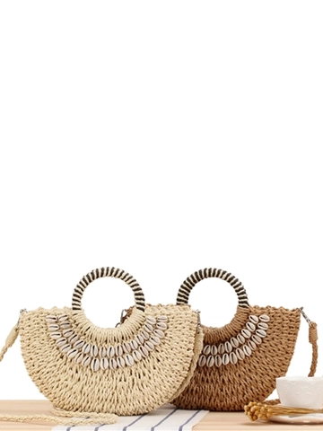 Boheemse Handgeweven Halve Cirkel Papieren Touw Tas Met Natuurlijke Schelp Decoratie Vakantie Strand Crossbody Tas Dames