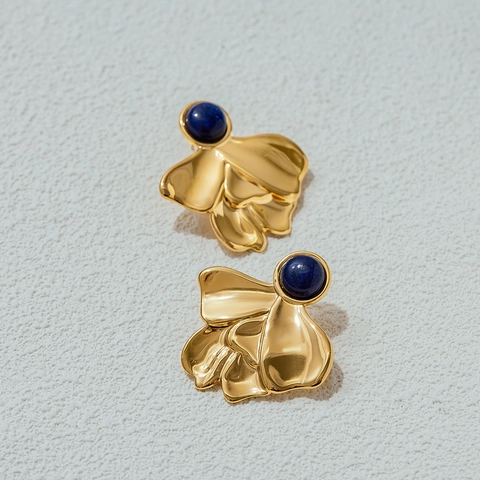 Vintage Lapis Lazuli Stud Earrings Stainless Steel Gold Wavy Flower Petal Design Elegant Artistic Jewelry For Women