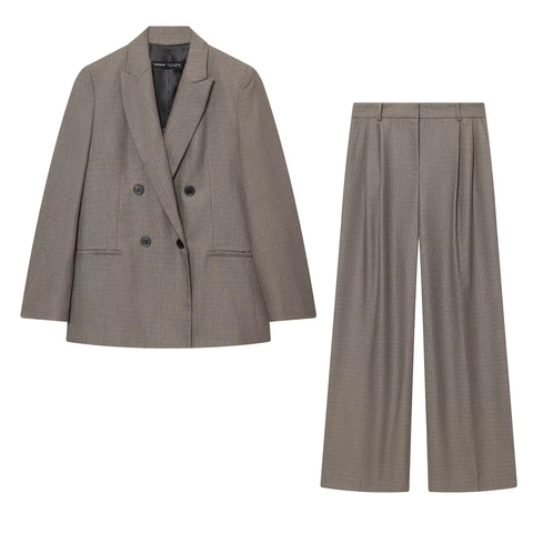 Dames Blazer En Wijde Broek Set Double Breasted Schoudervulling Hoge Taille Kantoor Pak Getextureerd Geweven Streetwear Chic