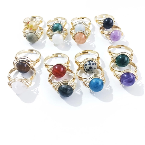 Handmade Wire Wrapped Natural Stone Ring Adjustable Gold Color Metal Bohemian Gemstone Jewelry For Women