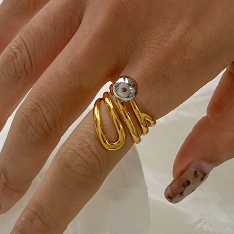 Multi Layer Spiral Verstellbarer Offener Ring Edelstahl Bicolor Gold Silber Kugel Schmuck Für Frauen Geometrisch