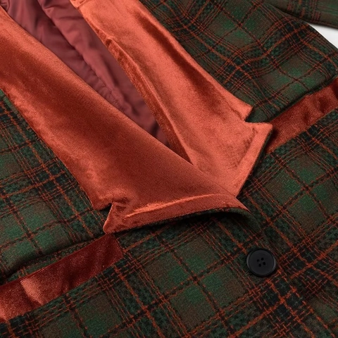 Manteau Long À Carreaux Pour Femmes Style Britannique Revers Velours Patchwork Boutonnage Simple Élégant